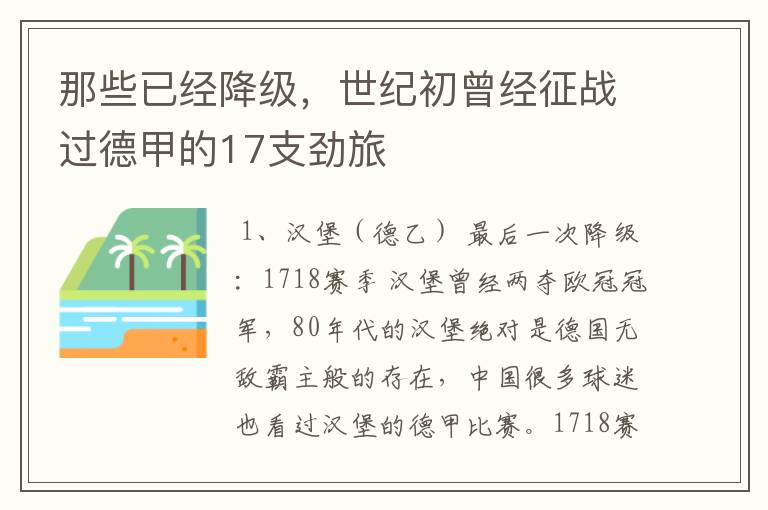 那些已经降级,世纪初曾经征战过德甲的17支劲旅