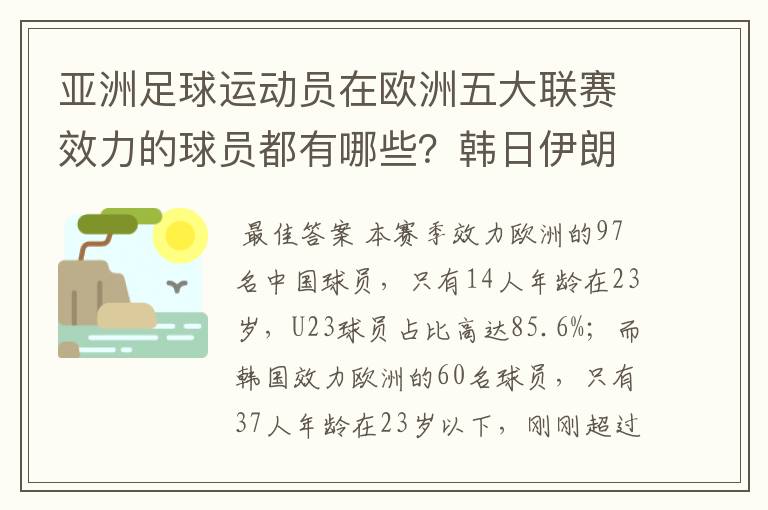 亚洲足球运动员在欧洲五大联赛效力的球员都有哪些?韩日伊朗 都是比较多吧!