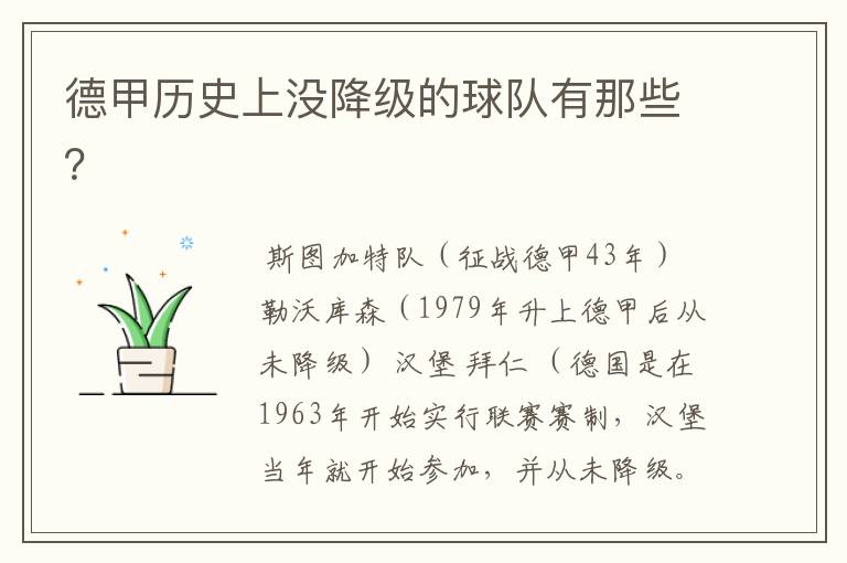 德甲历史上没降级的球队有那些?