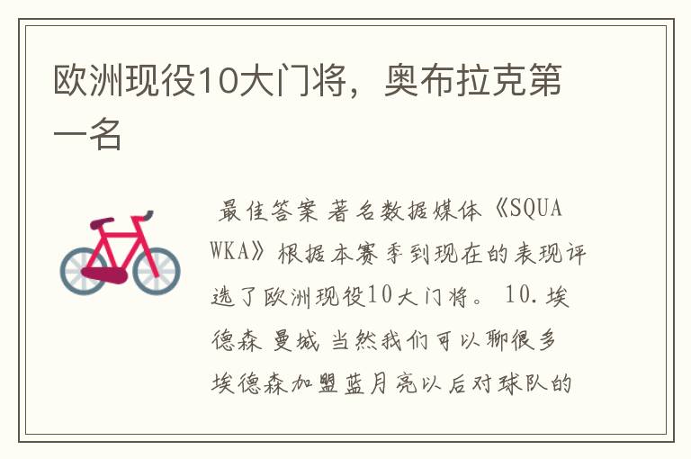 欧洲现役10大门将,奥布拉克第一名
