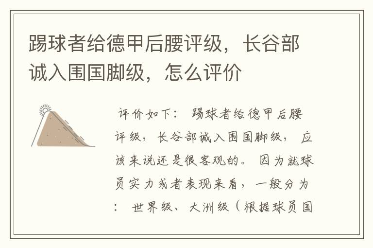 踢球者给德甲后腰评级,长谷部诚入围国脚级,怎么评价