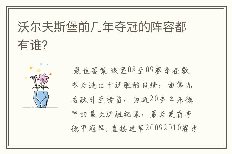 沃尔夫斯堡前几年夺冠的阵容都有谁?