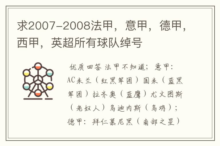 求2007-2008法甲,意甲,德甲,西甲,英超所有球队绰号