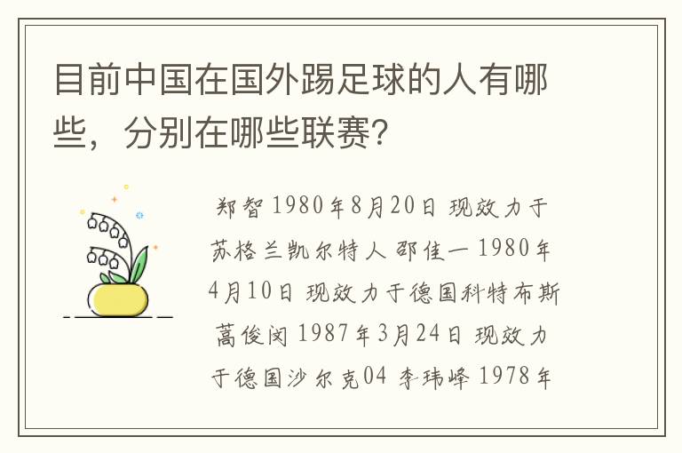 目前中国在国外踢足球的人有哪些,分别在哪些联赛?
