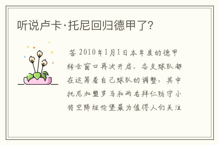 听说卢卡·托尼回归德甲了?