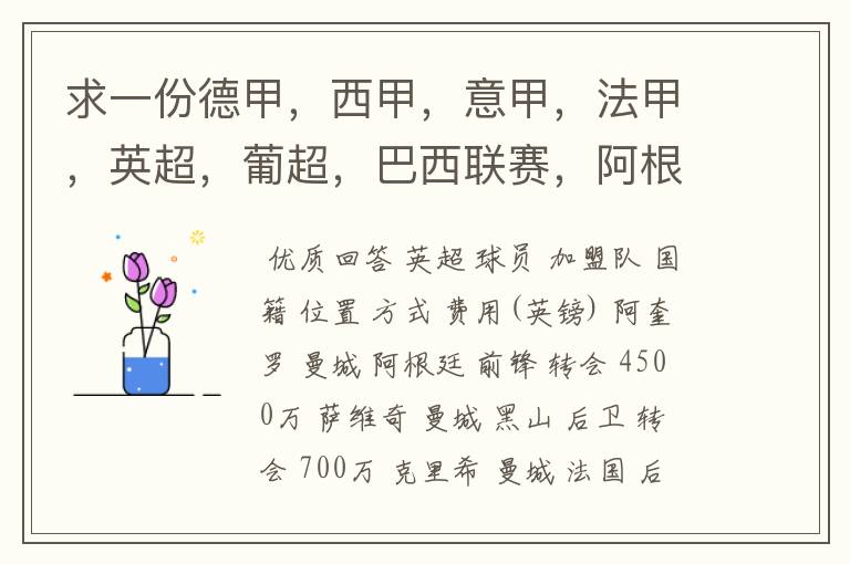 求一份德甲,西甲,意甲,法甲,英超,葡超,巴西联赛,阿根廷联赛2011年夏季转会名单