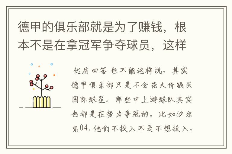 德甲的俱乐部就是为了赚钱,根本不是在拿冠军争夺球员,这样的联赛很无趣