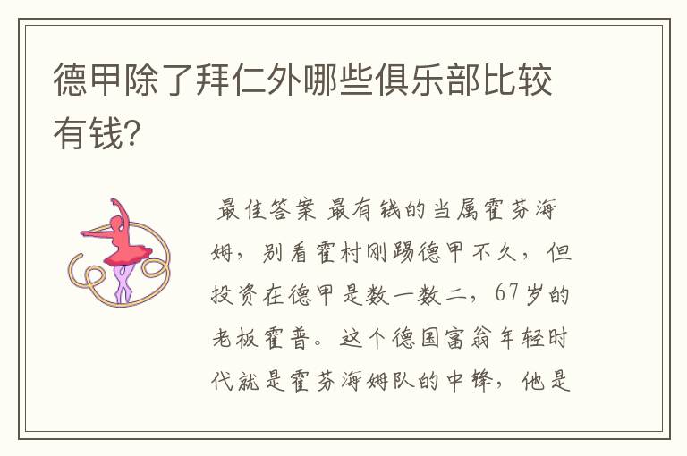 德甲除了拜仁外哪些俱乐部比较有钱?
