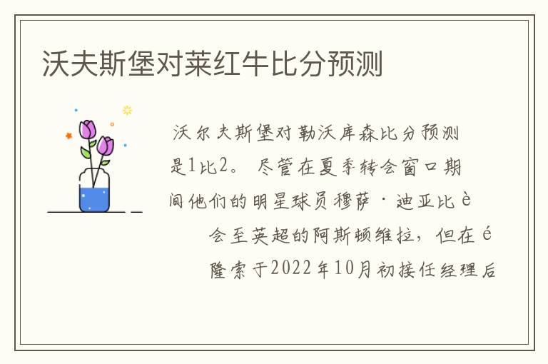 沃夫斯堡对莱红牛比分预测