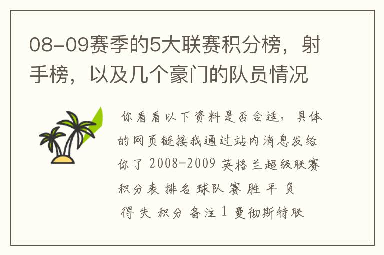 08-09赛季的5大联赛积分榜,射手榜,以及几个豪门的队员情况表,最好要有excel表格,不是也行