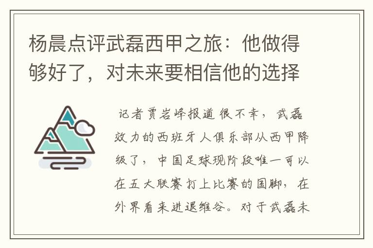 杨晨点评武磊西甲之旅:他做得够好了,对未来要相信他的选择