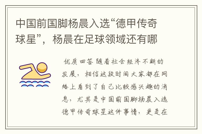 中国前国脚杨晨入选“德甲传奇球星”,杨晨在足球领域还有哪些成就?
