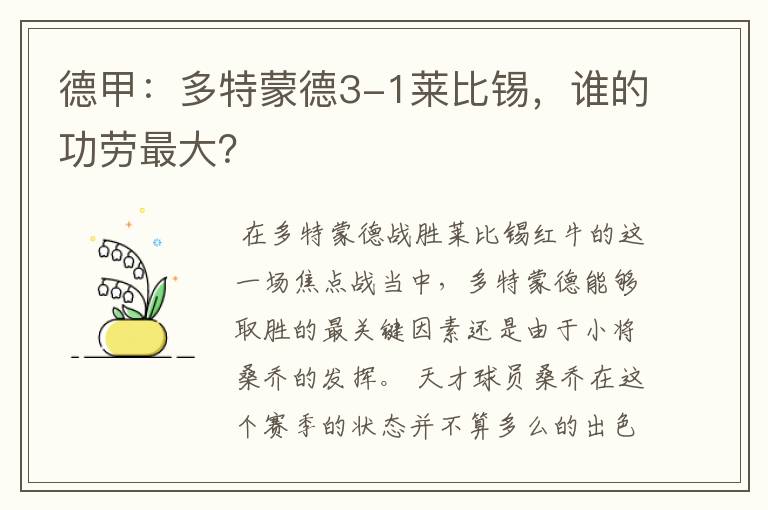 德甲:多特蒙德3-1莱比锡,谁的功劳最大?