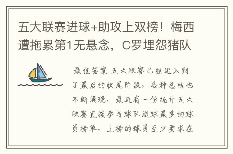五大联赛进球+助攻上双榜!梅西遭拖累第1无悬念,C罗埋怨猪队友