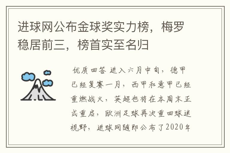 进球网公布金球奖实力榜,梅罗稳居前三,榜首实至名归