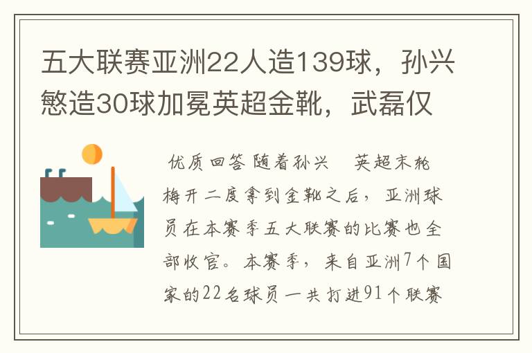 五大联赛亚洲22人造139球,孙兴慜造30球加冕英超金靴,武磊仅1球