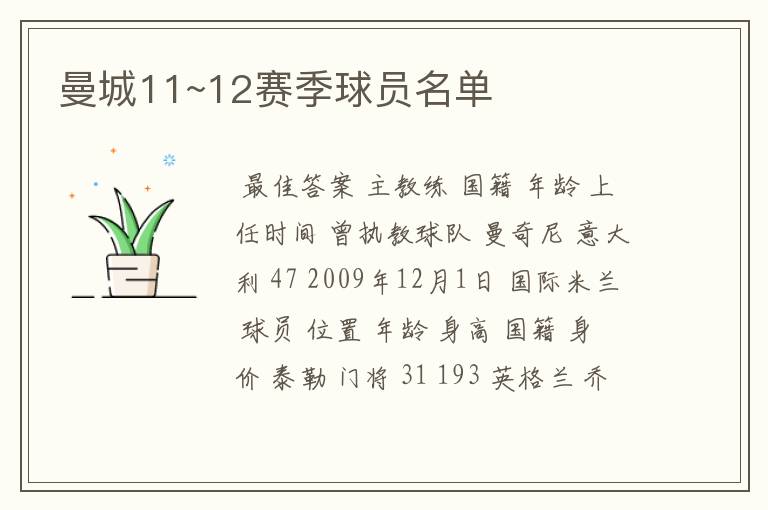 曼城11~12赛季球员名单