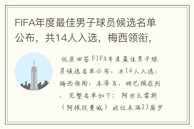 FIFA年度最佳男子球员候选名单公布,共14人入选,梅西领衔,本泽马、姆巴佩在列。完整名单