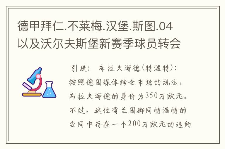 德甲拜仁.不莱梅.汉堡.斯图.04以及沃尔夫斯堡新赛季球员转会一览