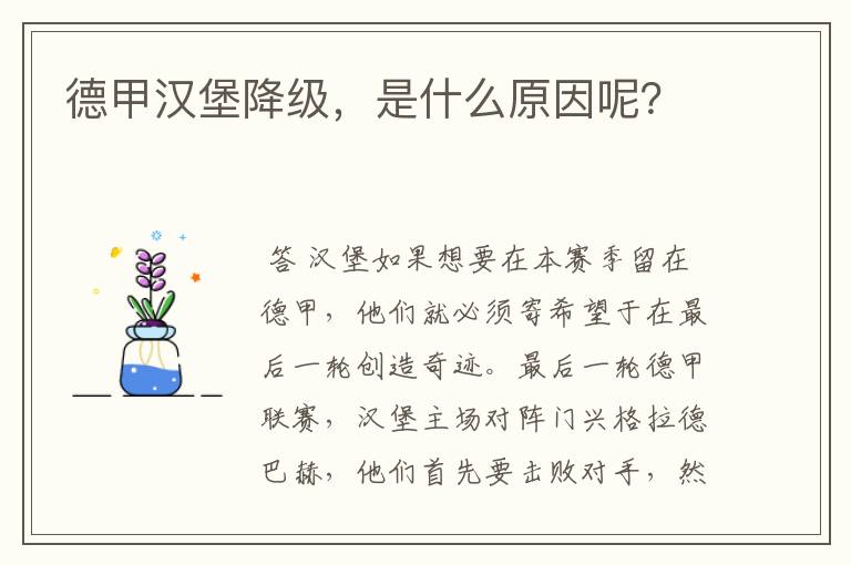 德甲汉堡降级,是什么原因呢?