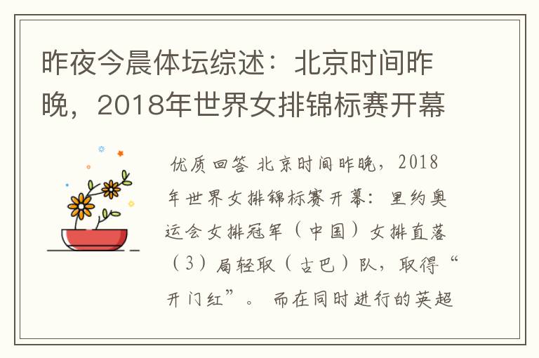 昨夜今晨体坛综述:北京时间昨晚,2018年世界女排锦标赛开幕:里约奥运会女排冠军()
