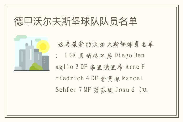 德甲沃尔夫斯堡球队队员名单