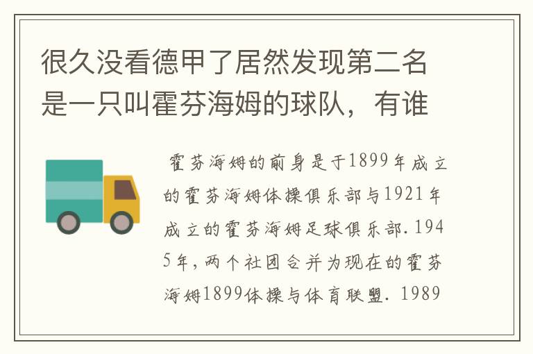 很久没看德甲了居然发现第二名是一只叫霍芬海姆的球队,有谁知道吗