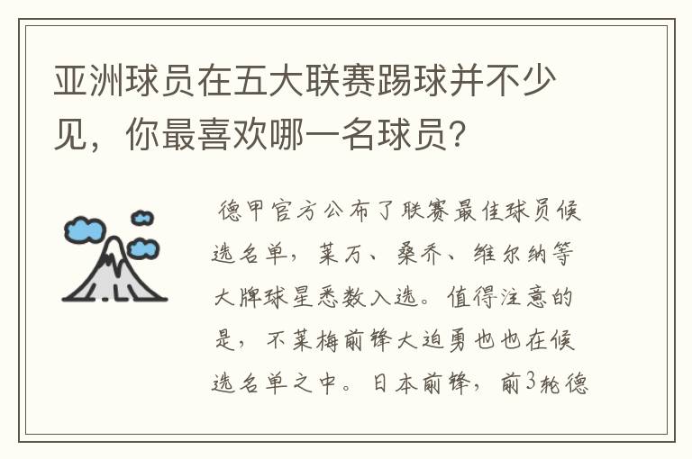 亚洲球员在五大联赛踢球并不少见,你最喜欢哪一名球员?