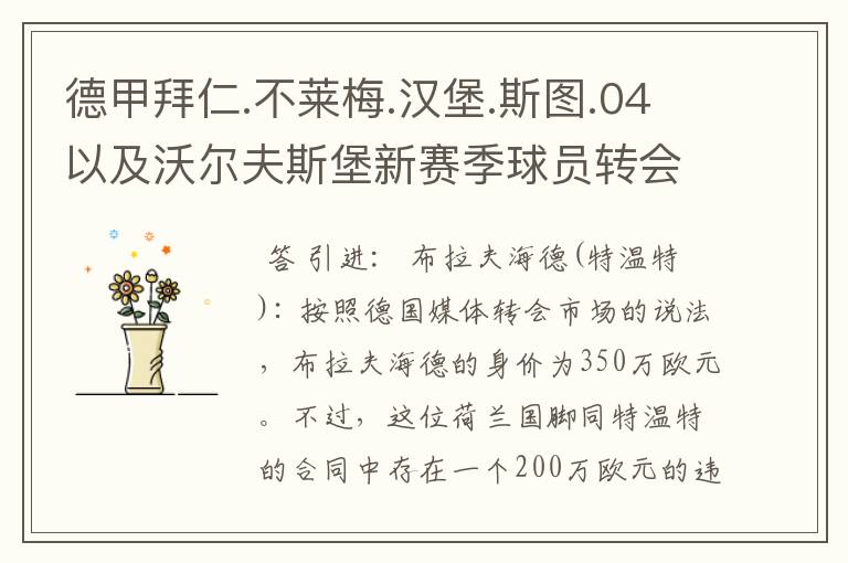 德甲拜仁.不莱梅.汉堡.斯图.04以及沃尔夫斯堡新赛季球员转会一览