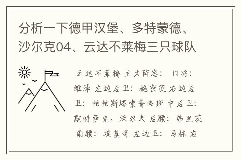分析一下德甲汉堡、多特蒙德、沙尔克04、云达不莱梅三只球队的人员打法和阵型
