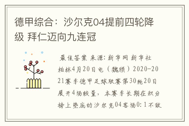 德甲综合:沙尔克04提前四轮降级 拜仁迈向九连冠