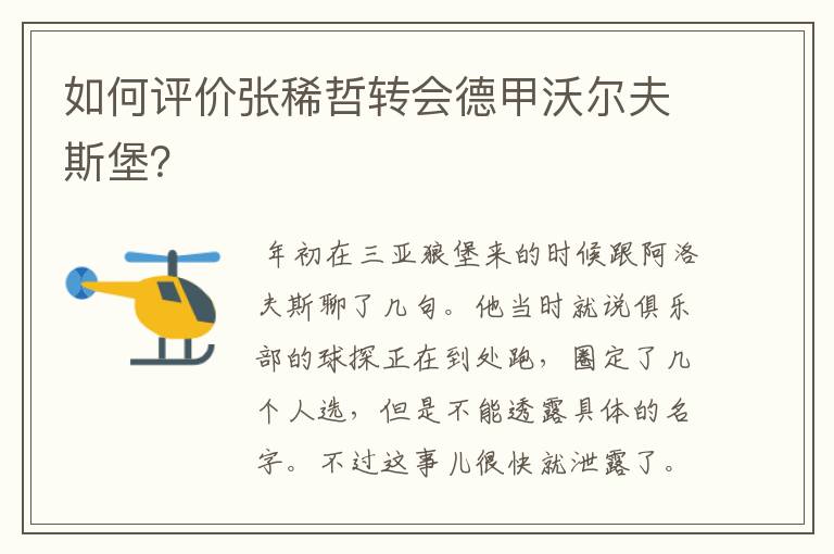 如何评价张稀哲转会德甲沃尔夫斯堡?