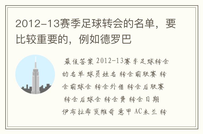 2012-13赛季足球转会的名单,要比较重要的,例如德罗巴