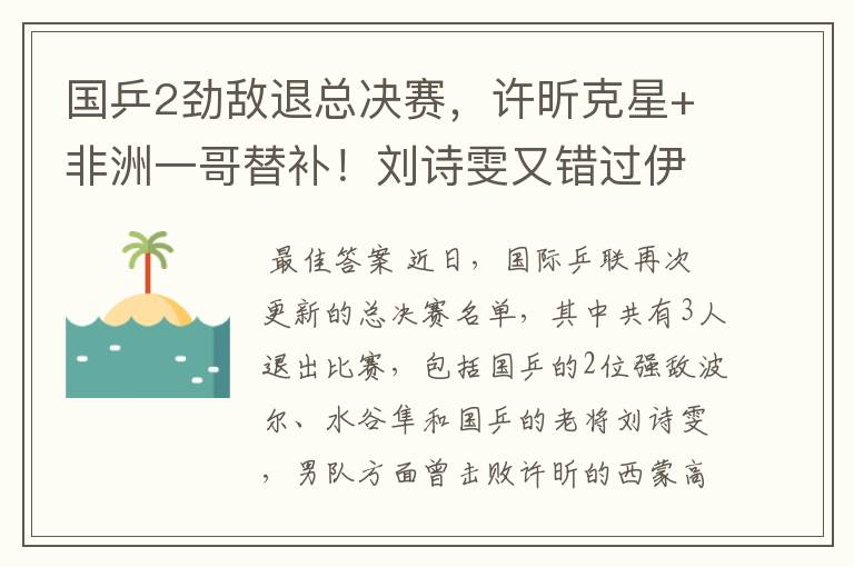 国乒2劲敌退总决赛,许昕克星+非洲一哥替补!刘诗雯又错过伊藤