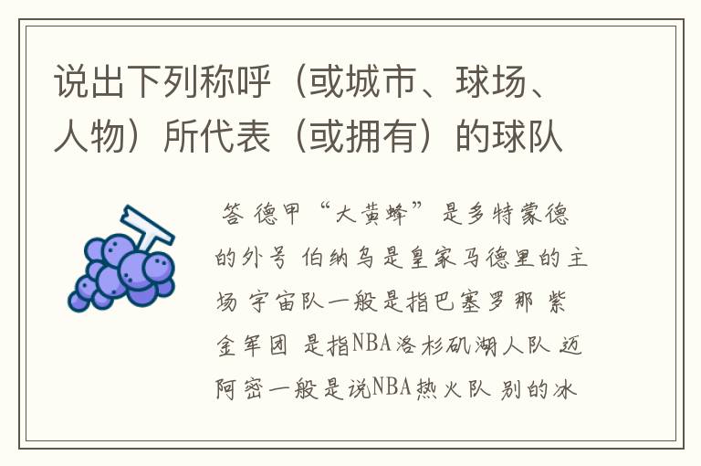 说出下列称呼(或城市、球场、人物)所代表(或拥有)的球队: 德甲“大黄蜂” 伯纳乌 宇宙队 紫