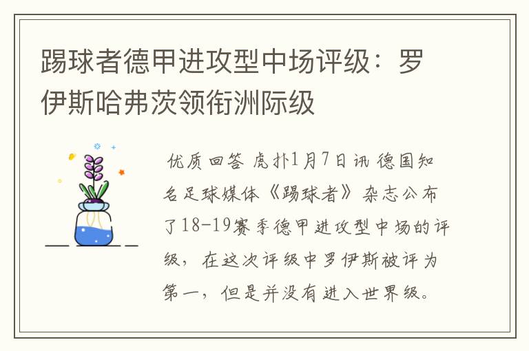 踢球者德甲进攻型中场评级:罗伊斯哈弗茨领衔洲际级