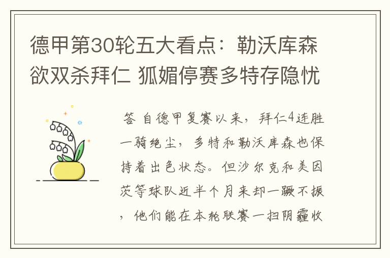 德甲第30轮五大看点:勒沃库森欲双杀拜仁 狐媚停赛多特存隐忧