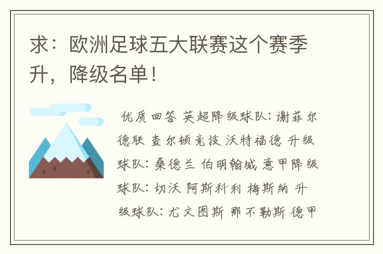 求：欧洲足球五大联赛这个赛季升，降级名单！