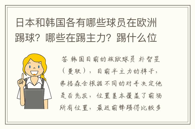 日本和韩国各有哪些球员在欧洲踢球?哪些在踢主力?踢什么位置?