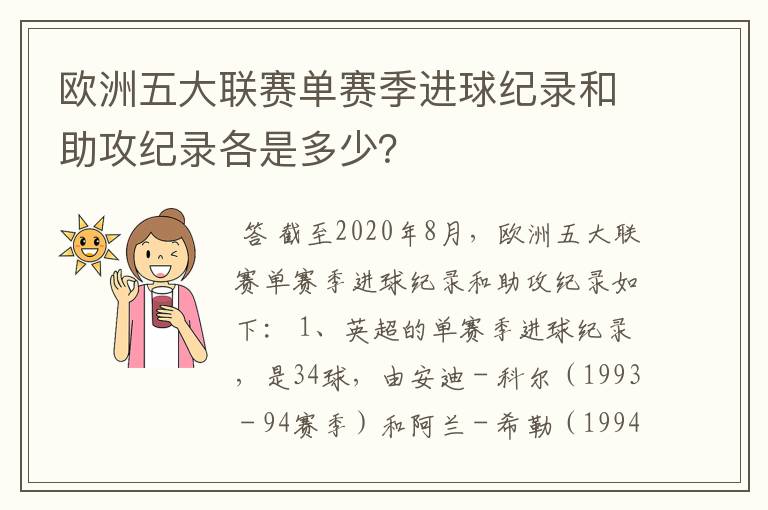 欧洲五大联赛单赛季进球纪录和助攻纪录各是多少?