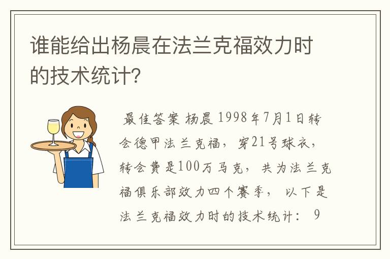 谁能给出杨晨在法兰克福效力时的技术统计?