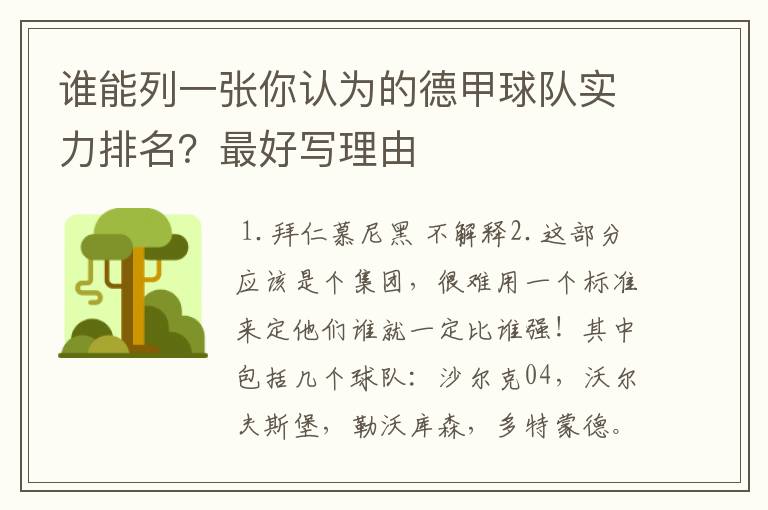 谁能列一张你认为的德甲球队实力排名?最好写理由