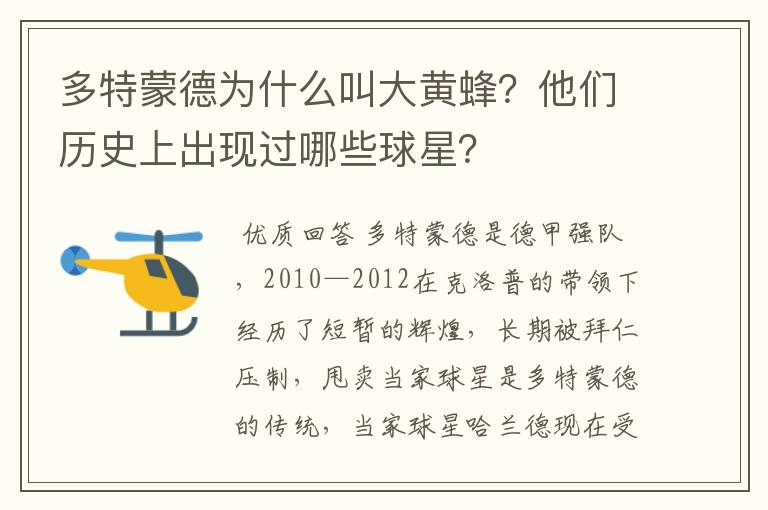 多特蒙德为什么叫大黄蜂?他们历史上出现过哪些球星?
