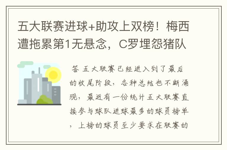 五大联赛进球+助攻上双榜!梅西遭拖累第1无悬念,C罗埋怨猪队友