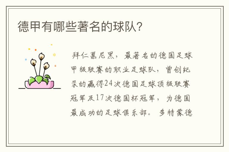 德甲有哪些著名的球队?