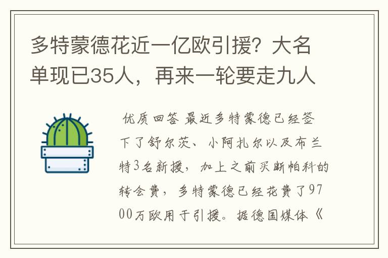 多特蒙德花近一亿欧引援?大名单现已35人,再来一轮要走九人