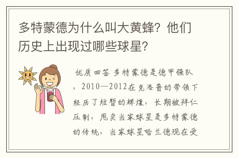 多特蒙德为什么叫大黄蜂?他们历史上出现过哪些球星?