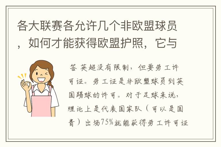 各大联赛各允许几个非欧盟球员,如何才能获得欧盟护照,它与劳工证有何不同
