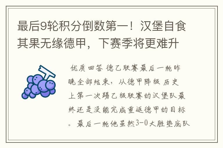 最后9轮积分倒数第一!汉堡自食其果无缘德甲,下赛季将更难升级