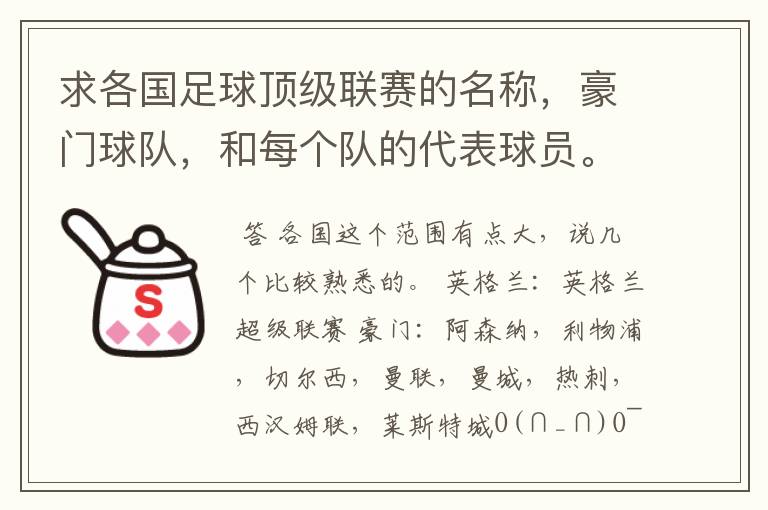 求各国足球顶级联赛的名称,豪门球队,和每个队的代表球员。